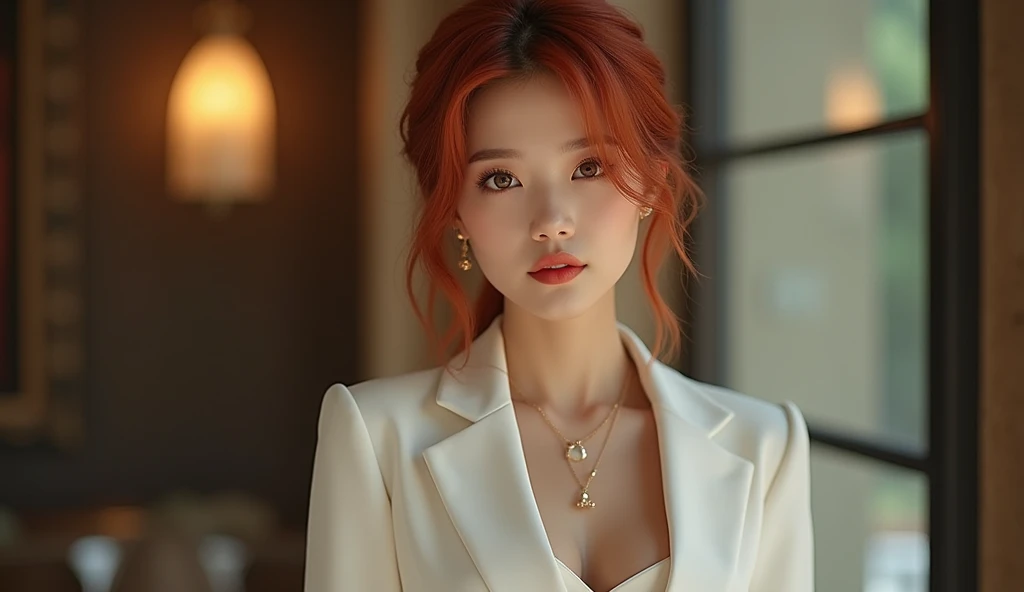 beautiful woman, date night outfit, cute and sexy, asian woman,  chic outfit, white chic outfit, date night outfit, cute and sexy outfit, milf, modest outfit,  blazer dress, delicate necklace and jewelry, golden eyes red hair