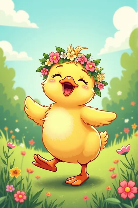 cartoon comic
meadow
1 yellow goose chick
It laughs and dances
On the head is a colorful
flower wreath