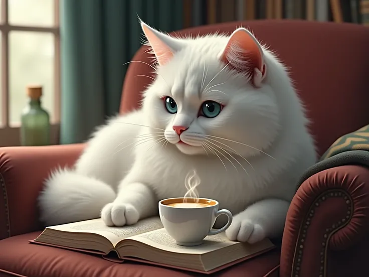  draw a big white cat with blue eyes and long lashes, who is reading a book and drinking cappuccino 