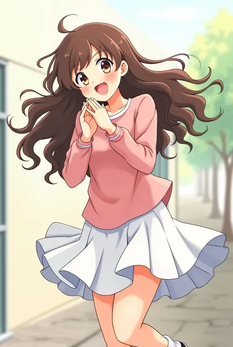 Create an anime girl with curly brown hair while shaking some of her long-faced hair with a big smile, a white skirt and a pink blouse helping to lift a girl off the ground.