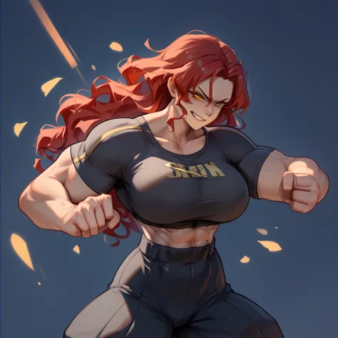 Woman 1, Detail,  long hair ,  red hair,  wavy hair , breasts,  big breasts, muscular, Russian facial features,  Abdominals ,  yellow eyes ,  front look , smirk,  simple background ,  from waist up , fitted black blouse, thin chin, fighting stance