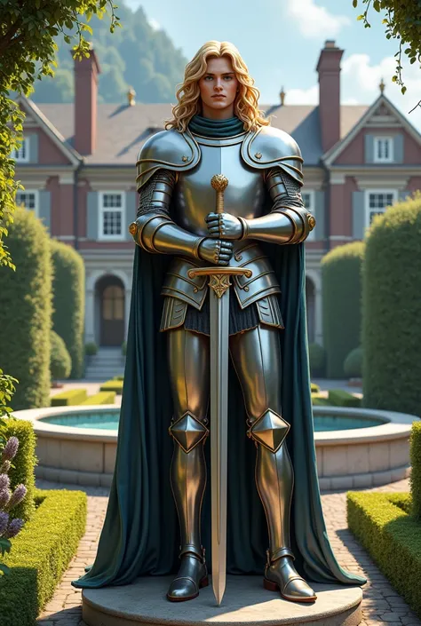  Statue of a Tall Horseman , medieval, shiny silver armor ,  long curly blond hair ,  Blue Eyes,  posing for a full body portrait,  Holding a sword with both hands ,  beautiful, detailed,  masterpiece ,  high quality,  statue at a fountain in a garden ,  i...