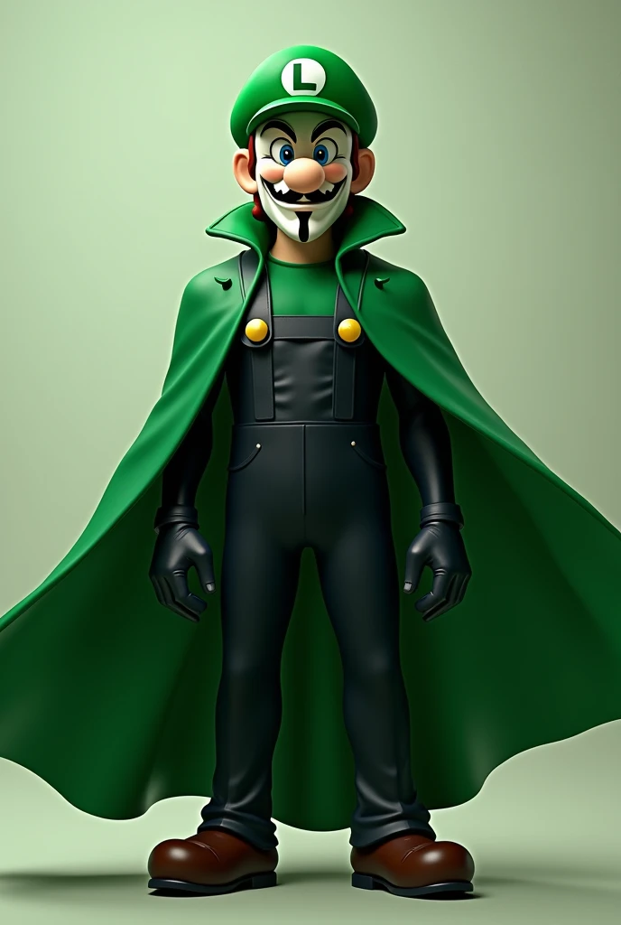 Luigi wearing the green cap from super mario brothers and the outfit and mask worn buy guy fawkes from V is for Vendetta. The cape is green and flowing in the wind. The outfit is sleek and fitting. The mask is a perfect recreation of the mask worn by guy f...