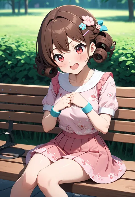 1girl, solo, masterpiece, best quality, (anime art style:1.0), score_9, score_8_up, score_7_up, source_, blushing, short curly brown hair, hair clip accessories, short puffy pastel pink skirt, cute floral print pink top, wristbands on her arms, grinning, r...