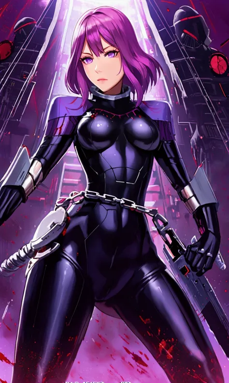 A cute woman (violet hair, violet eyes, sexy violet body suit extremely revealing, some electronic components on the suit with lit displays, laser pistol, chain sword (chain saw bladed sword makes a real bloody mess of foes)), role of space pirate captain,...