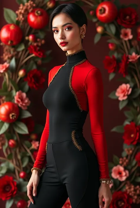 Realistic photo, super detailed, full body, A female model wears a new avant-garde style tight jumpsuit, inspired by Irans Yalda night ceremony with red and black color, short pixie hair and red light makeup, small golden accessory, background image of flo...