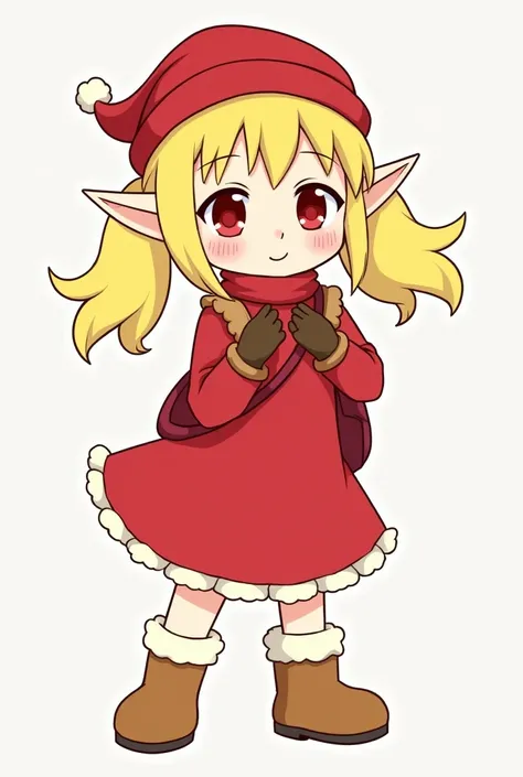 Lori , yellow hair, red eyes,Ah Hey Yan, Elf ears,Wear gloves, has a red hat on her head , is carrying a red bag , red dress,
 wearing brown snow boots and white socks, bangs, Aho, 
Twin ponytails, Full body character table, cartoon, 