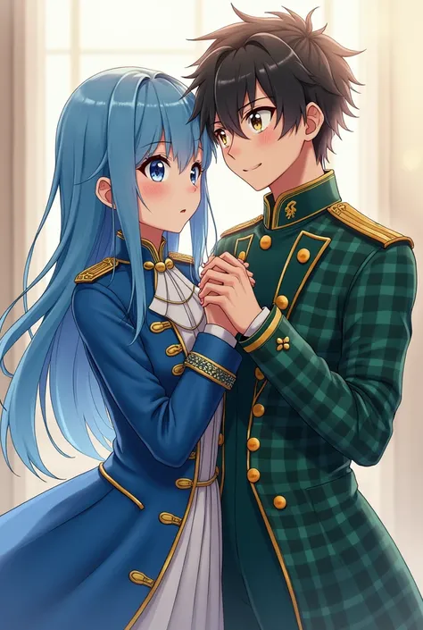 Anime girl in a blue Austro Hungarian uniform with  blue pants and a boy in Green plaid shorts and Green short sleeve jacket and a yellow t shirt