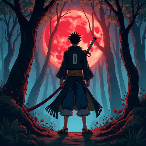 Create an engaging poster , hand drawn illustration featuring Roronoa Zoro "one piece" In the heat of the moment.  Capturing the essence of his fiery determination and indomitable spirit behind his back.  in the middle of the forest at night with a red moo...