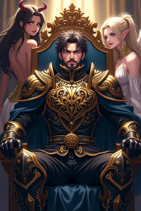 Style animé, roi surpuissant, cheveux tres court brun, coiffer sur le côté, yeux bleu,regarde méchant ,barbe , assis sur throne,vêtements noir, armure gravée or, plastron gravé or inscrit le mot "Neija" 1 femme mi demon,peu rouge, corne noire, regard amour...