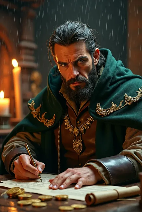 A hyperrealistic medieval feudal lord sits at a worn, ornate wooden desk on a rainy day, surrounded by flickering candles that cast a warm, golden glow on the drizzly atmosphere. The fire crackles in the hearth behind him, casting a subtle, dancing light o...