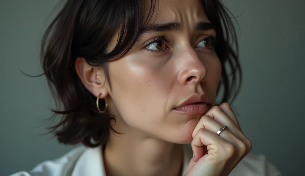 woman, 30 years old, brunette, brown eyes looking up, short brown hair, expression of concern, with one hand on her chin, showing concern, hyperrealistic image, 4K, ISO 100.