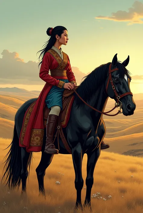 Dessin dans un style bande dessinée réaliste dune jeune femme, seule, dune vingtaine dannées portant un vêtement traditionnel mongol, dans un décor de steppe, en train de regarder le paysage à cheval, ce cheval est un étalon avec une robe noir. Le cheval p...