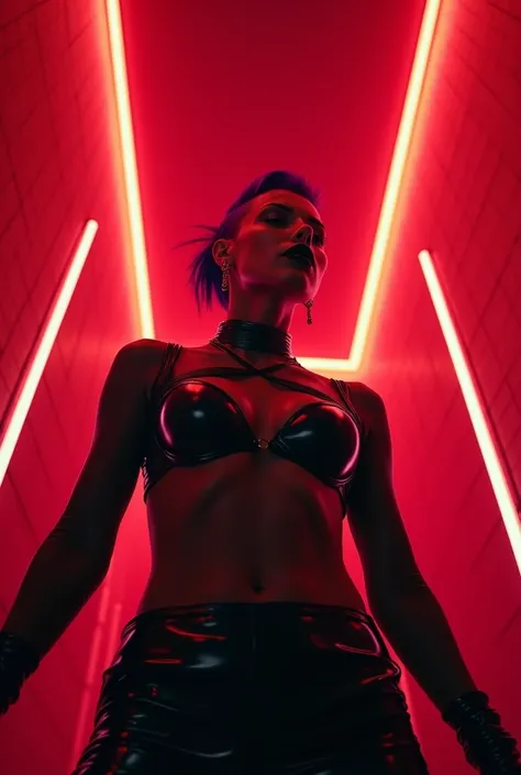 Viewpoint from low angle perspective, viewer looking toward ceiling, beautiful female standing over with side shave short purple hairstyle, black lipstick, black latex and sheer top, in a neon lit room with red walls 