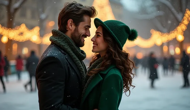 A magical scene of love. A gorgeous 18 yearold European woman with brunette curly hair, COFFE MARRON eyes, DARK gorgeous skin, with freckless, smiling, wearing an elegant green cost and Christmas green heat, gazes lovely next to a tall, muscular, manly man...