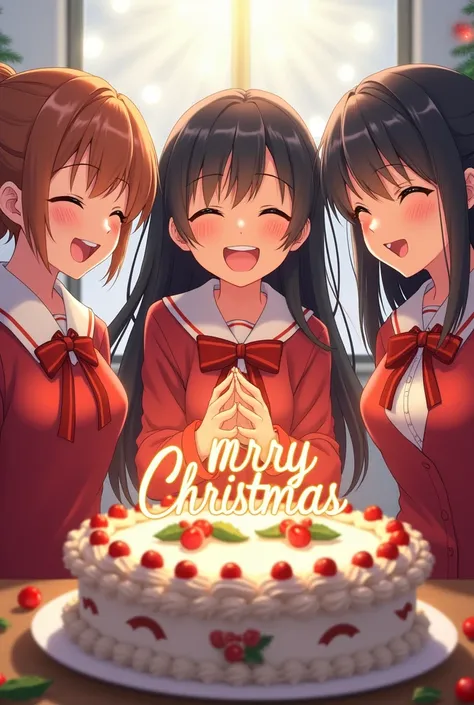 High school girls laughing in front of Christmas cake
The letters Merry Christmas on the cake
Resplendent decorations