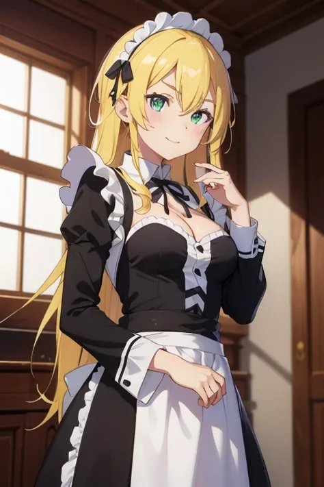 cowboy shot,indoors,smile,
æ³å°é»èå¡Â·é²æ¼,1girl,solo,blonde hair,very long hair,sidelocks,thick eyebrows,hair between eyes,green eyes,
maid,maid headdress,roswaal mansion maid uniform,detached collar,neck ribbon,black ribbon,cleavagecutout,medium ...