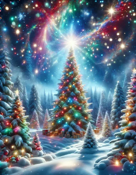 ((Masterpiece)), ((highres)), A beauiful, high defention picture of a big christmas tree, with beautiful colored glowing lights and a shining star at the top, In the forest with snow falling, full moon in the background.