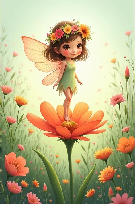 cartoon
1 meadow
1 pretty ,  tender fairy 
She has wings 
She is standing on a big flower
There is a beautiful wreath of flowers on the head