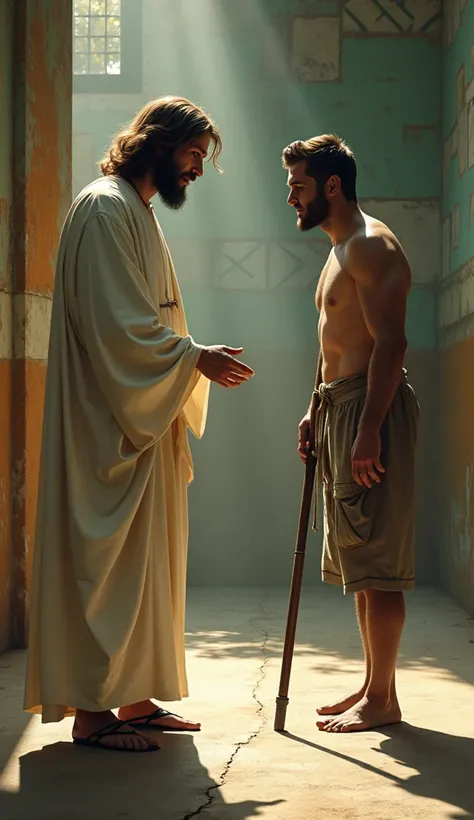  Jesus in white standing looking at a man with a crutch with a face of pain, "without a leg" , Scenario Hospital Os Dodos De Frontes , 