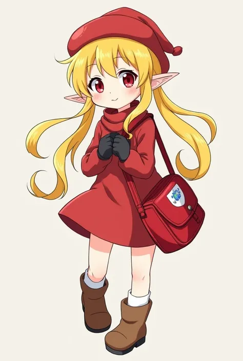 Lori , yellow hair, red eyes,Ah Hey Yan, Elf ears,Wear gloves, has a red hat on her head ,Carrying a red Japanese school bag,
 red dress, wearing brown snow boots and white socks
, bangs, Aho, Twin ponytails, Full body character table,illustration, 