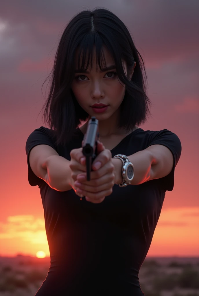 ( Max Image）,（background）,(beautiful  8K、 realistic:1.3), ( real skin texture deep into the night:1.3), ( Film Grain :1.3),
( hold a Colt M1911 handgun realistically expressed in every detail in her right hand 、 takes action poses with a strong assertive e...