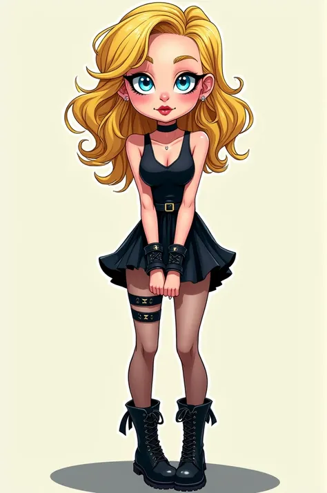  A cartoon drawing of a young girl with medium-size blond and straight hair half wavy,  Blue Eyes, with Rocker makeup /emo/gothic,  a short dress open in the area of both thighs ,  pantyhose ,  long black boots ,  synthetic leather wristbands ,