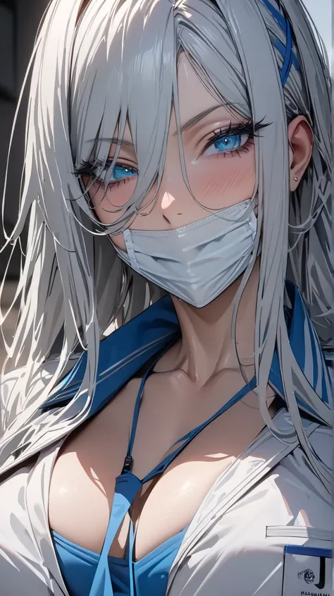 masterpiece , modern, Verism, masterpiece, super detail, best quality, 4K ,((Adult face)), woman,Wearing a white coat,Mature woman アメスク Rubia ojos azules 
Cabello azul, Plano americano, Cabello largo, Senos grandes, Ojos azules,Sexy Nurse 