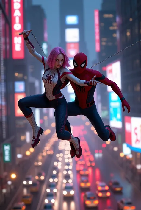 Spider-gwen, spider-man, swinging through new york, cars on ground, bright lights from buildings and electronic boards,