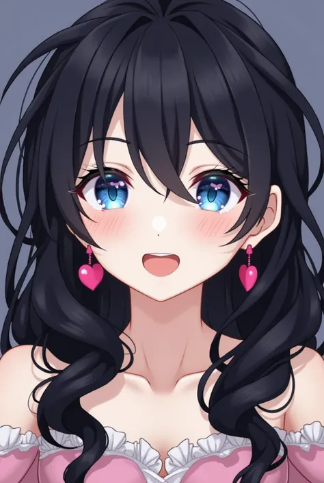  black hair blue eyes, white skin ,United States Non-Korean , Long Wavy Hair Heart Earrings, blush, fangs,  Light smile, Red lips, eyes up, Eyes without emotions,  High resolution ,  long hair , Braid,  blue eyes , jewelry,  Masterpiece, 