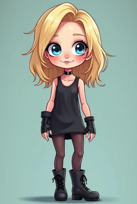 A Cartoon Cartoon of a Young Girl with Medium-Size Blonde and Smooth Half-Wavy Hair,  Blue Eyes, with Rocker makeup /emo/gothic,  a short dress open in the area of both thighs ,  pantyhose ,  long black boots ,  synthetic leather wristbands ,