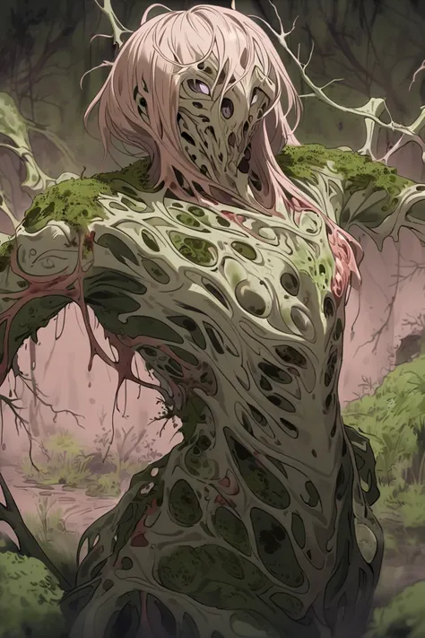 A humanoid monster made of flesh and moss,  soft and scary appearance ,  layer of bones on his back , light brown and very light pink color on the body,  color green on arms and legs ,  with a swamp background of parasites 