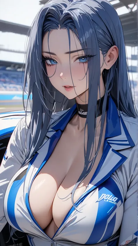 masterpiece , modern, Verism, masterpiece, super detail, best quality, 4K ,((Adult face)), woman,Wearing a white coat,Mature woman アメスク Rubia ojos azules 
Cabello azul, Plano americano, Cabello largo, Senos grandes, Ojos azules,race_queen Nascar Sexy
