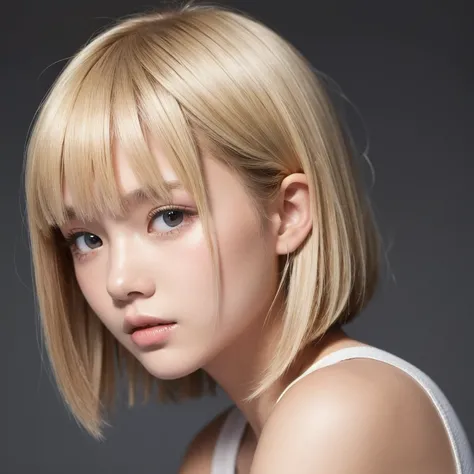  1 girl,, shortcuts, Blonde,  simple background, accurate,  high image quality model ,  textured skin, bangs, 