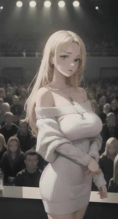 1 girl, 20 years, Standing alone, Long hair, huge , Looking at the audience, hair blonde, hair blonde, Off-shoulder, Green Eyes, Jewelry, whole body, A necklace, Off-shoulder, sweater, Realist, Sexy, Big breasts,