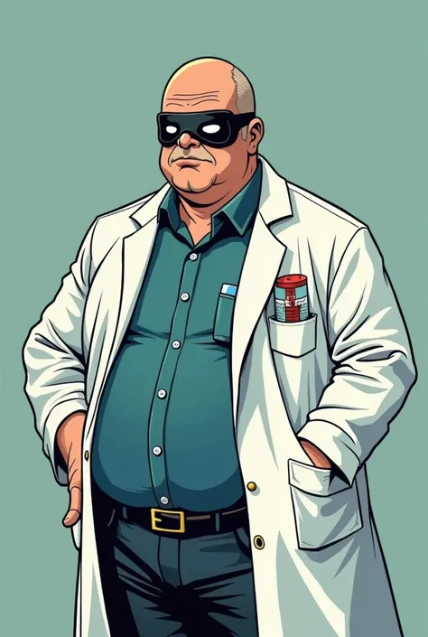 Make the cartoon for a comic about a masked super scientist who wears a customized lab coat and a mask that confers mystery, as if he were a superhero . Hes 60 years old and hes chubby and a little bald .