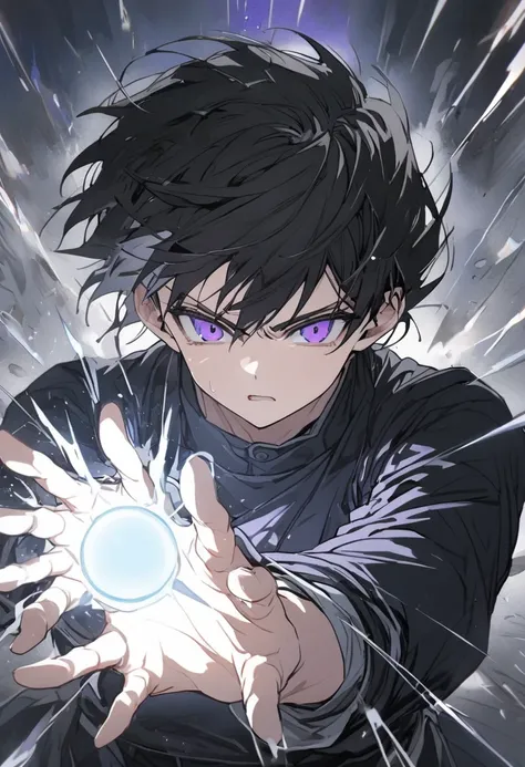 alone, 1 male, black hair, purple Eyes,Short Hair, Long Sleeve ,sleepy,kamehameha,DRAGONBALL