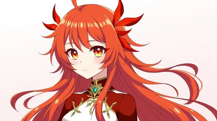 a female with long, red-orange hair with golden highlights. she has red feathers in her hair as well. her eyes a bright flaming orange color with a hint of yellow. her pupils are rhombus shaped. she has pale fair skin and her body is has a skinny but well ...