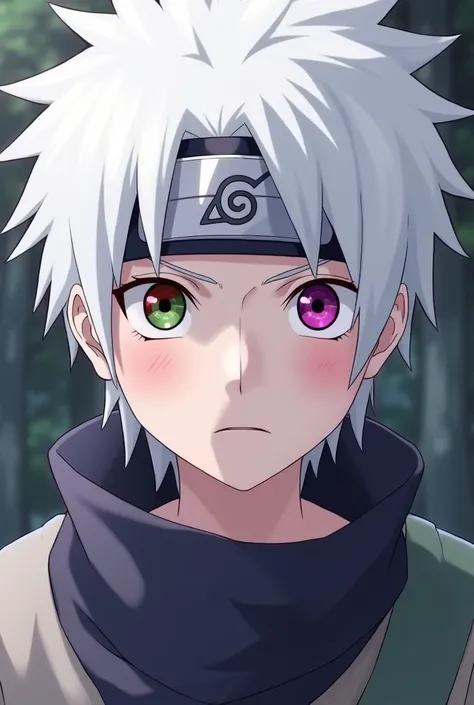 Play Narutos grandson Saruto after becoming Otsutsuki with white hair and literally white skin and also with a red eye that is Sharingan and a purple eye that is a Rinnegan with 3 red tomoes and an eye on the forehead green with a purple stripe that this e...