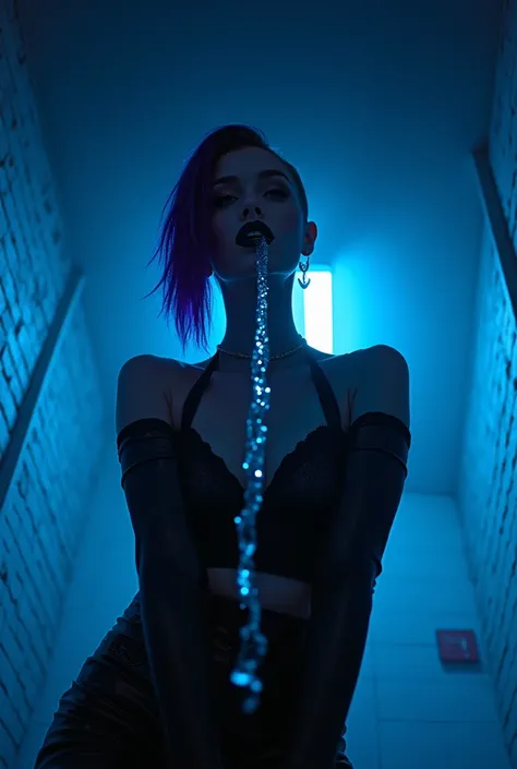 Viewpoint from low angle perspective, viewer looking toward ceiling, beautiful female standing over with side shave short purple hairstyle, spitting clear strand into foreground, black lipstick, black latex and sheer top, in a blue neon lit room with brick...