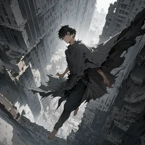 Male, bishounen, adult, light skin, messy black hair, lean body, barefoot, bare legs, torn waist-length dark grey poncho, city ruins, jumping forwards, soaring through sky, airborne, chasm, facing viewer, up-close, full body, masterpiece, maximum detail, s...