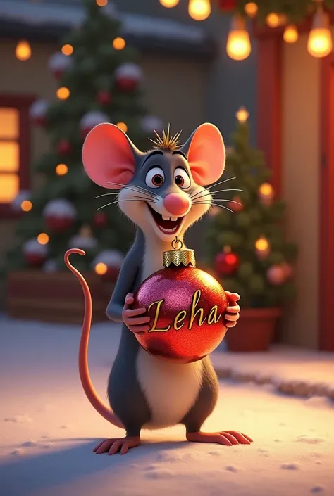 Créer une image avec un fond de Noël avec Rémy du dessin animé ratatouille avec une boule de Noël avec le prénom Leha écrit dessus