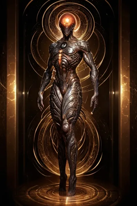  A macabro-looking humanoid ,  (((full body image))), HR Giger works,  covered in spiral patterns that seem to move slowly through his body .  like jomon design, His head is an empty whirlpool that gives the impression of being a black hole That absorbs li...