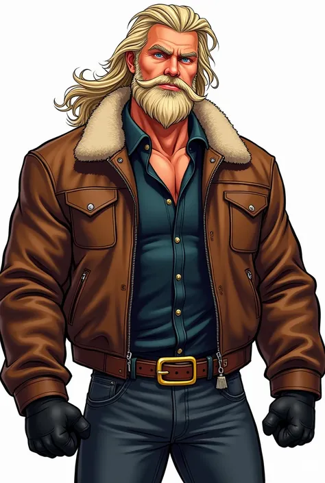  A cartoon drawing of A handsome and muscular man , with long blond hair and a short beard,  Blue Eyes, a brown leather winter jacket ,  a dark blue shirt inside the jacket ,  black synthetic leather biker gloves ,  a dark brown leather belt with a gold co...