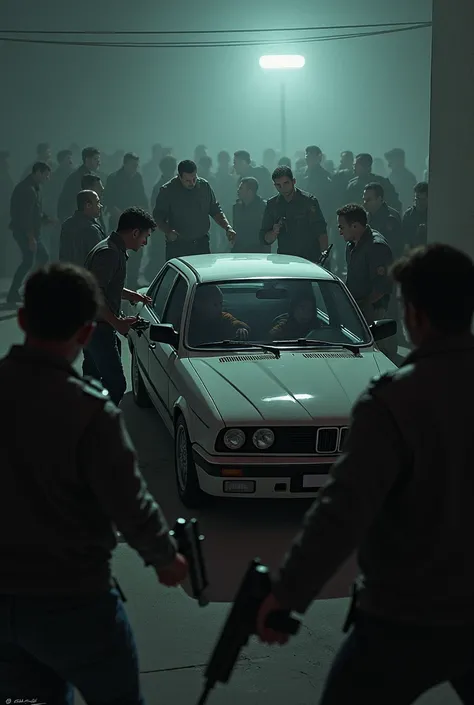 People guarding people in a car, terror, fear