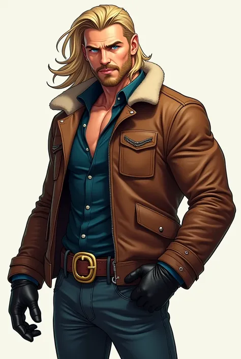 A Cartoon Cartoon of A Handsome and Muscular Badboy Man, with long blond hair and a short beard,  Blue Eyes, a brown leather winter jacket ,  a dark blue shirt inside the jacket ,  black synthetic leather biker gloves ,  a dark brown leather belt with a go...