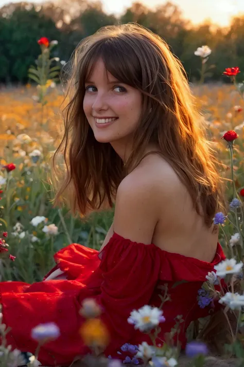 Full body portrait barefoot in a field of flowers, wearing a red dress, nice ass, hyper realistic, simple pose, iphone, 1girl, nude, nude legs, big natural tits, full body image, brown bangs, young, fresh, 2, smile, big smile, (masterpiece, best quality:1....