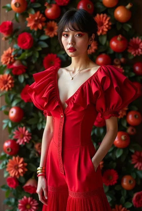 Realistic photo, full body picture, A female model wear avant-garde jumpsuit inspired by Irans Yalda night ceremony with red color, sJumpsuit with creative sleeves, pleated ribbon embroidery at the hem, hort pixie hair and red makeup, small golden accessor...