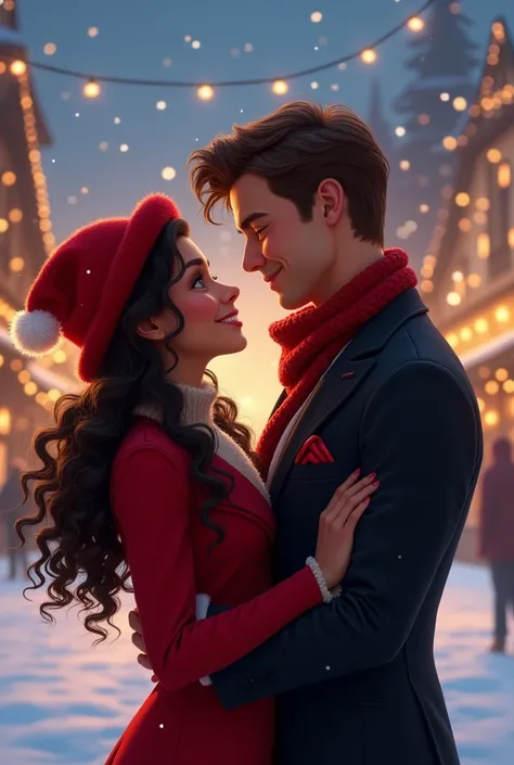 A magical disney scene of love. A BEAUTIFUL dark 18 yearold woman with brunette curly hair, COFFE MARRON eyes, (((DARK gorgeous SKIN))), with freckless, smiling, wearing an elegant RED coAT and Christmas RED heat, gazes lovely next to a tall, muscular, man...