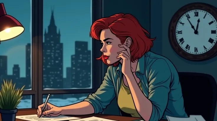  An adult slightly fat woman with short red hair sits in the background of a window, behind her is a large wall clock in the upper right corner , woman working at a desk. It&#39;s winter outside, high-rise buildings, Its 8 p.m..

 Image style - Marvel Comi...